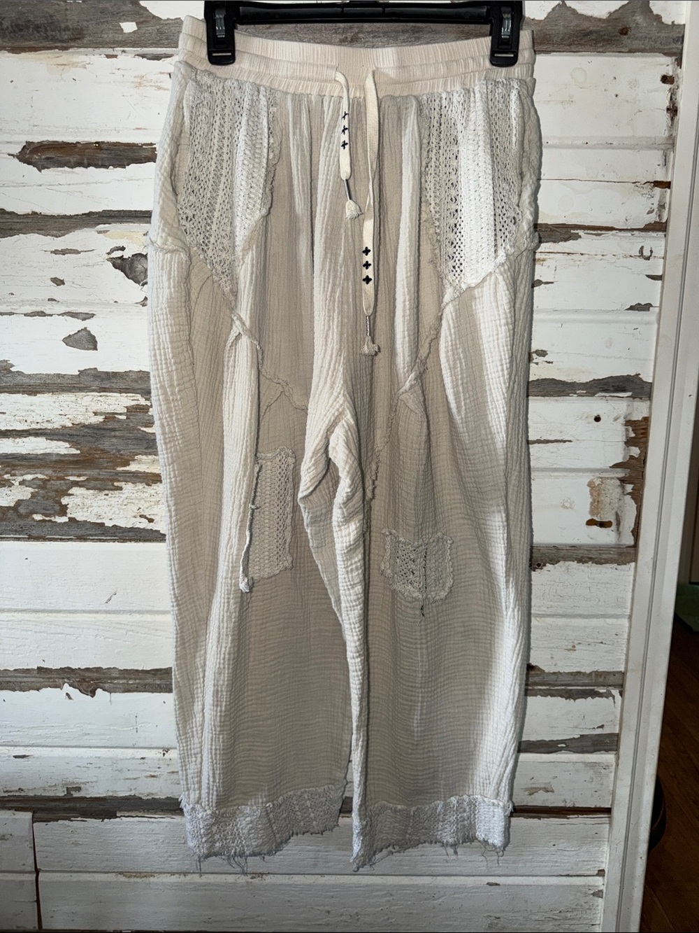 POL Cream Patchwork Wide Leg Pants with Drawstring